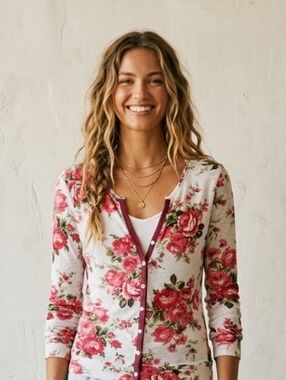 FERRACHE white floral button up cardigan pearl buttons Medium @O